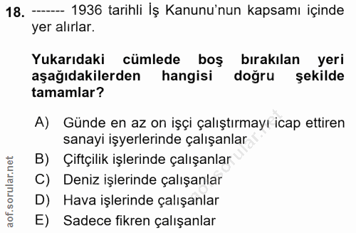 18. soru: - 1936 tarihli İş Kanunu'nun kapsamı içinde yer alırlar. Yukarıdaki cümlede boş bırakılan yeri aşağıdakilerden hangis…