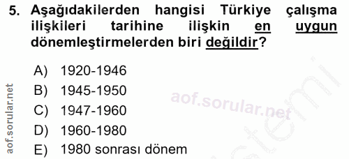 5. soru: Aşağıdakilerden hangisi Türkiye çalışma ilişkileri tarihine ilişkin en uygun dönemleştirmelerden biri değildir? A) 19…
