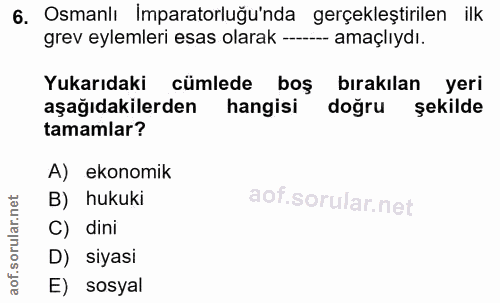 6. soru: Osmanlı Imparatorluğu'nda gerçekleştirilen ilk grev eylemleri esas olarak --- amaçlıydı. Yukarıdaki cümlede boş bırak…