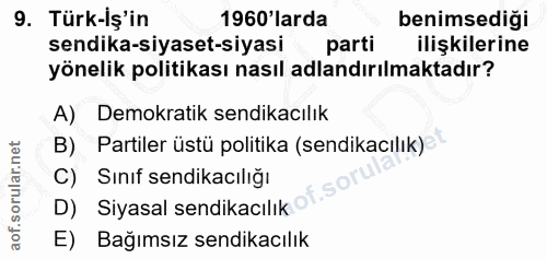 9. soru: Türk-İş'in 1960 larda benimsediği sendika-siyaset-siyasi parti ilişkilerine yönelik politikası nasıl adlandırılmaktad…