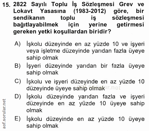 15. soru: 2822 Sayılı Toplu Iş Sözleşmesi Grev ve Lokavt Yasasına (1983-2012) göre, bir sendikanın toplu iş sözleşmesi bağıtlay…