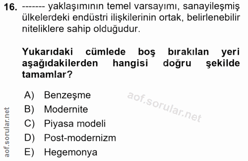 16. soru: — yaklaşımının temel varsayımı, sanayileşmiş ülkelerdeki endüstri ilişkilerinin ortak, belirlenebilir niteliklere sah…