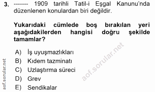 3. soru: 1909 tarihli Tatil-i Eşgal Kanunu'nda düzenlenen konulardan biri değildir. Yukarıdaki cümlede boş bırakılan yeri aşağ…