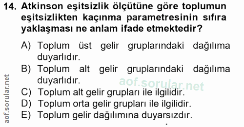 14. soru: Atkinson eşitsizlik ölçütüne göre toplumun eşitsizlikten kaçınma parametresinin sıfira yaklaşması ne anlam ifade etme…