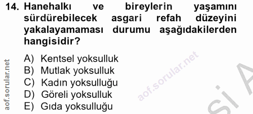 14. soru: Hanehalkı ve bireylerin yaşamını sürdürebilecek asgari refah düzeyini yakalayamaması durumu aşağıdakilerden hangisidi…