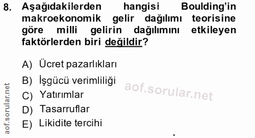 8. soru: Aşağıdakilerden hangisi Bulding'in makroekonomik gelir dağılımı teorisine göre milli gelirin dağılımını etkileyen fak…
