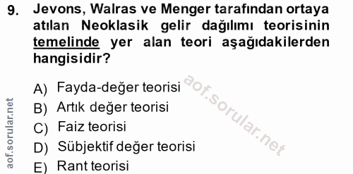 9. soru: Jevons, Walras ve Menger tarafindan ortaya atılan Neoklasik gelir dağılımı teorisinin temelinde yer alan teori aşağıd…