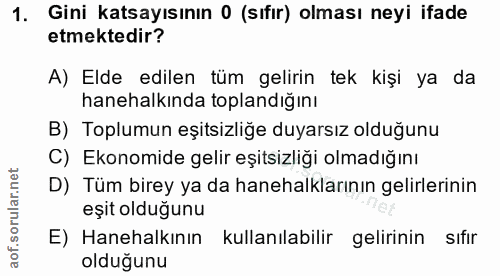 1. soru: Gini katsayısının 0 (sıfır) olması neyi ifade etmektedir? A) Elde edilen tüm gelirin tek kişi ya da hanehalkında topl…