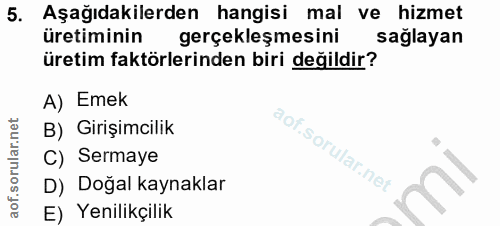 5. soru: Aşağıdakilerden hangisi mal ve hizmet üretiminin gerçekleşmesini sağlayan üretim faktörlerinden biri değildir? A) Eme…