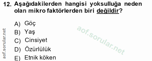 12. soru: Aşağıdakilerden hangisi yoksulluğa neden olan mikro faktörlerden biri değildir? Göç B) Yaş C) Cinsiyet D) Özürlülük E…