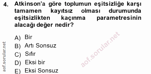 4. soru: Atkinson'a göre toplumun eşitsizliğe karşı tamamen kayıtsız olması durumunda eşitsizlikten kaçınma parametresinin ala…