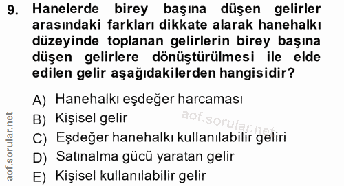 9. soru: Hanelerde birey başına düşen gelirler arasındaki farkları dikkate alarak hanehalkı düzeyinde toplanan gelirlerin bire…