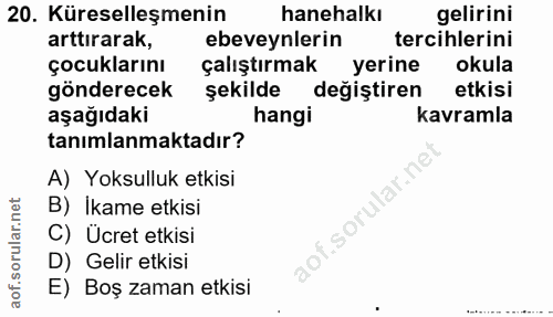 20. soru: Küreselleşmenin hanehalkı gelirini arttırarak, ebeveynlerin tercihlerini çocuklarınıR çalıştırmak yerine okula gönder…