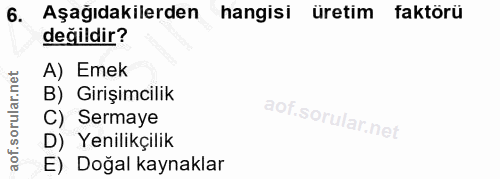 6. soru: Aşağıdakilerden hangisi üretim faktörü değildir? A) Emek B) Girişimcilik C) Sermaye D) Yenilikçilik E) Doğal kaynaklar