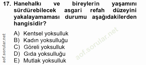 17. soru: Hanehalkı ve bireylerin yaşamını sürdürebilecek asgari refah düzeyini yakalayamaması durumu aşağıdakilerden hangisidi…