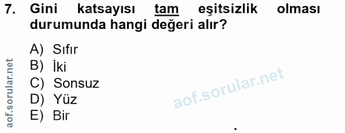 7. soru: Gini katsayısı tam eşitsizlik olması durumunda hangi değeri alır? A) Sıfır B) İki C) Sonsuz D) Yüz E) Bir
