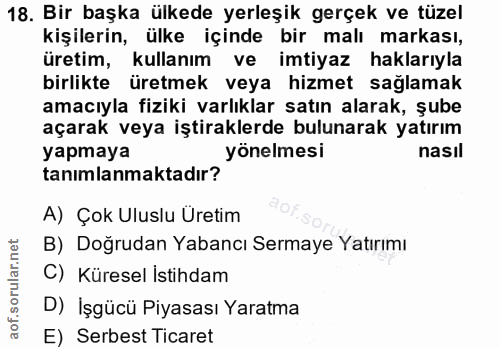 18. soru: Bir başka ülkede yerleşik gerçek ve tüzel kişilerin, ülke içinde bir malı markası, uretim, Kullanım ve imtiyaz haklar…