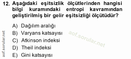 12. soru: Aşağıdaki eşitsizlik ölçütlerinden hangisi bilgi kuramındaki entropi kavramından geliştirilmiş bir gelir eşitsizliği…