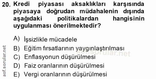 20. soru: Kredi piyasası aksaklıkları karşısında piyasaya doğrudan müdahalenin dışında aşağıdaki politikalardan hangisinin uygu…