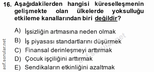16. soru: Aşağıdakilerden hangisi küreselleşmenin gelişmekte olan ülkelerde yoksulluğu etkileme kanallarından biri değildir? A)…
