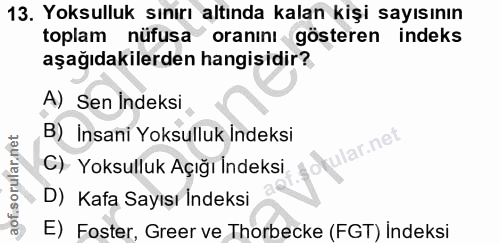 13. soru: Yoksulluk sınırı altında kalan kişi sayısının toplam nüfusa oranını gösteren indeks aşağıdakilerden hangisidir? A) Se…