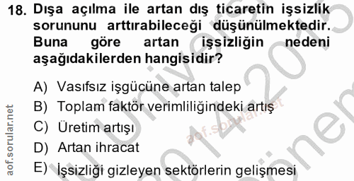 18. soru: Dışa açılma ile artan dış ticaretin işsizlik sorununu arttırabileceği düşünülmektedir. Buna göre artan işsizliğin ned…