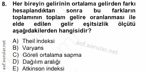 8. soru: Her bireyin gelirinin ortalama gelirden farkı hesaplandıktan sonra bu farkların toplamının toplam gelire oranlaması i…