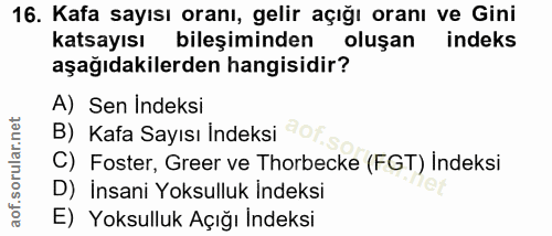 16. soru: Kafa sayısı oranı, gelir açığı oranı ve Gini katsayısı bileşiminden oluşan indeks aşağıdakilerden hangisidir? A) Sen…