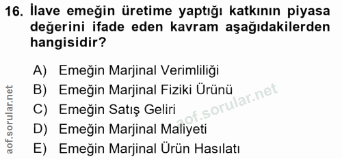 16. soru: İlave emeğin üretime yaptığı katkının piyasa değerini ifade eden kavram aşağıdakilerden hangisidir? A) Emeğin Marjina…