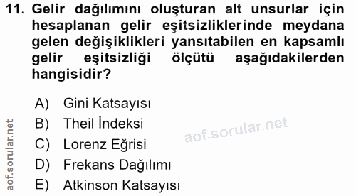 11. soru: Gelir dağılımını oluşturan alt unsurlar için hesaplanan gelir eşitsizliklerinde meydana gelen değişiklikleri yansıtab…