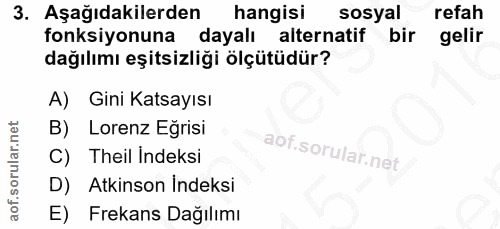 3. soru: Aşağıdakilerden hangisi sosyal refah fonksiyonuna dayalı alternatif bir gelir dağılımı eşitsizliği ölçütüdür? A) Gini…