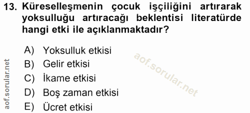 13. soru: Küreselleşmenin çocuk işçiliğini artırarak yoksulluğu artıracağı beklentisi literatürde hangi etki ile açıklanmaktadı…