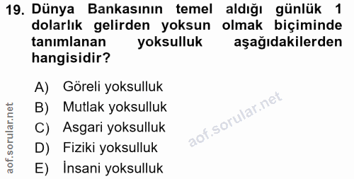 19. soru: Dünya Bankasının temel aldığı günlük 1 dolarlık gelirden yoksun olmak biçiminde tanımlanan yoksulluk aşağıdakilerden…