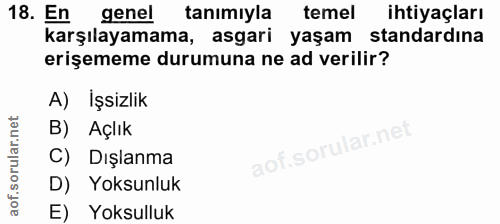 18. soru: En genel tanımıyla temel ihtiyaçları karşılayamama, asgari yaşam standardına erişememe durumuna ne ad verilir? A) İşs…