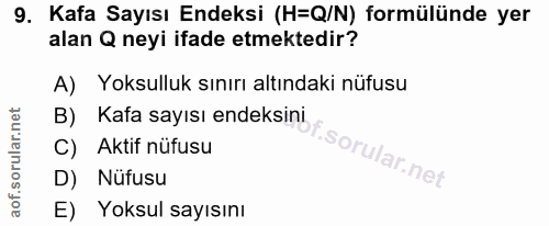 9. soru: Kafa Sayısı Endeksi (H=Q/N) formülünde yer alan Q neyi ifade etmektedir? A) Yoksulluk sınırı altındaki nüfusu B) Kafa…