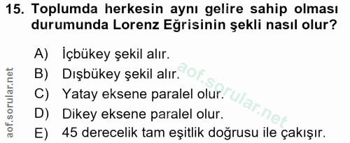 15. soru: Toplumda herkesin aynı gelire sahip olması durumunda Lorenz Eğrisinin şekli nasıl olur? A) İçbükey şekil alır. B) Dış…