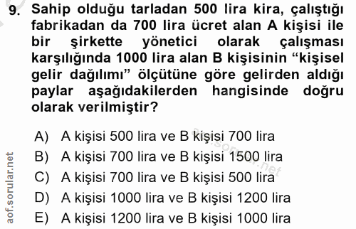 9. soru: Sahip olduğu tarladan 500 lira kira, çalıştığı fabrikadan da 700 lira ücret alan A kişisi ile bir şirkette yönetici o…