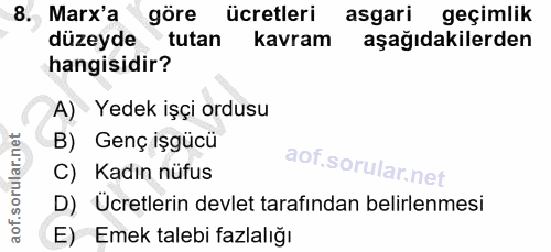 8. soru: Marx'a göre ücretleri asgari geçimlik düzeyde tutan kavram aşağıdakilerden hangisidir? A) Yedek işçi ordusu B) Genç i…