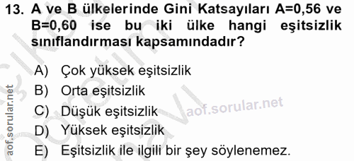 13. soru: A ve B ülkelerinde Gini Katsayıları A=0,56 ve B=0,60 ise bu iki ülke hangi eşitsizlik sınıflandırması kapsamındadır?…