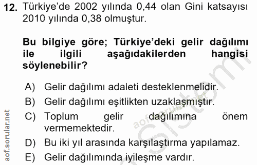 12. soru: Türkiye'de 2002 yılında 0,44 olan Gini katsayısı 2010 yılında 0,38 olmuştur. Bu bilgiye göre; Türkiye'deki gelir dağı…