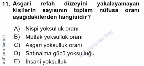 11. soru: Asgari refah düzeyini yakalayamayan kişilerin sayısının toplam nüfusa oranı aşağıdakilerden hangisidir? A) Nispi yoks…