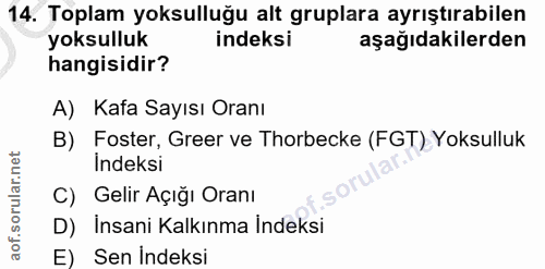 14. soru: Toplam yoksulluğu alt gruplara ayrıştırabilen yoksulluk indeksi aşağıdakilerden hangisidir? A) Kafa Sayısı Oranı B) F…