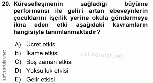 20. soru: Küreselleşmenin sağladığı büyüme performansı ile geliri artan ebeveynlerin çocuklarını işçilik yerine okula göndermey…