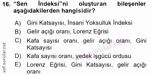 16. soru: "Sen İndeksi"ni oluşturan bileşenler aşağıdakilerden hangisidir? A) Gini Katsayısı, Insani Yoksulluk Indeksi B) Gelir…