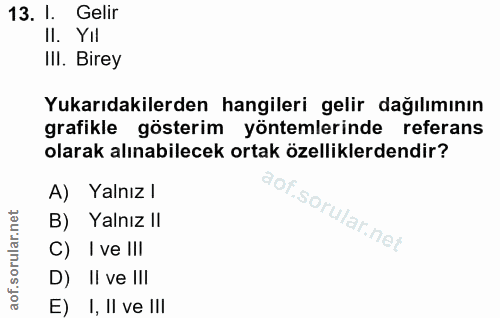 13. soru: I. Gelir Il. Yil IlI. Birey Yukarıdakilerden hangileri gelir dağılımının grafikle gösterim yöntemlerinde referans ola…