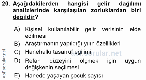 20. soru: Aşağıdakilerden hangisi gelir dağılımı analizlerinde karşılaşılan zorluklardan biri değildir? A) Kişisel kullanılabil…