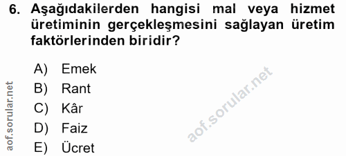 6. soru: Aşağıdakilerden hangisi mal veya hizmet üretiminin gerçekleşmesini sağlayan üretim faktörlerinden biridir? A) Emek B)…