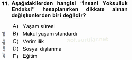 11. soru: Aşağıdakilerden hangisi "İnsani Yoksulluk Endeksi" hesaplanırken dikkate alınan değişkenlerden biri değildir? A) Yaşa…