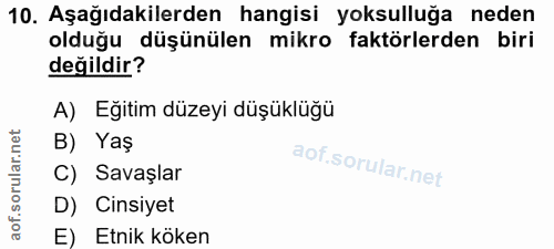 10. soru: Aşağıdakilerden hangisi yoksulluğa neden olduğu düşünülen mikro ,faktörlerden biri değildir? A) Eğitim düzeyi düşüklü…