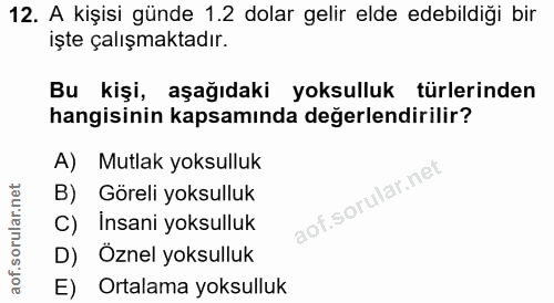 12. soru: A kişisi günde 1.2 dolar gelir elde edebildiği bir işte çalışmaktadır. Bu kişi, aşağıdaki yoksulluk türlerinden hangi…